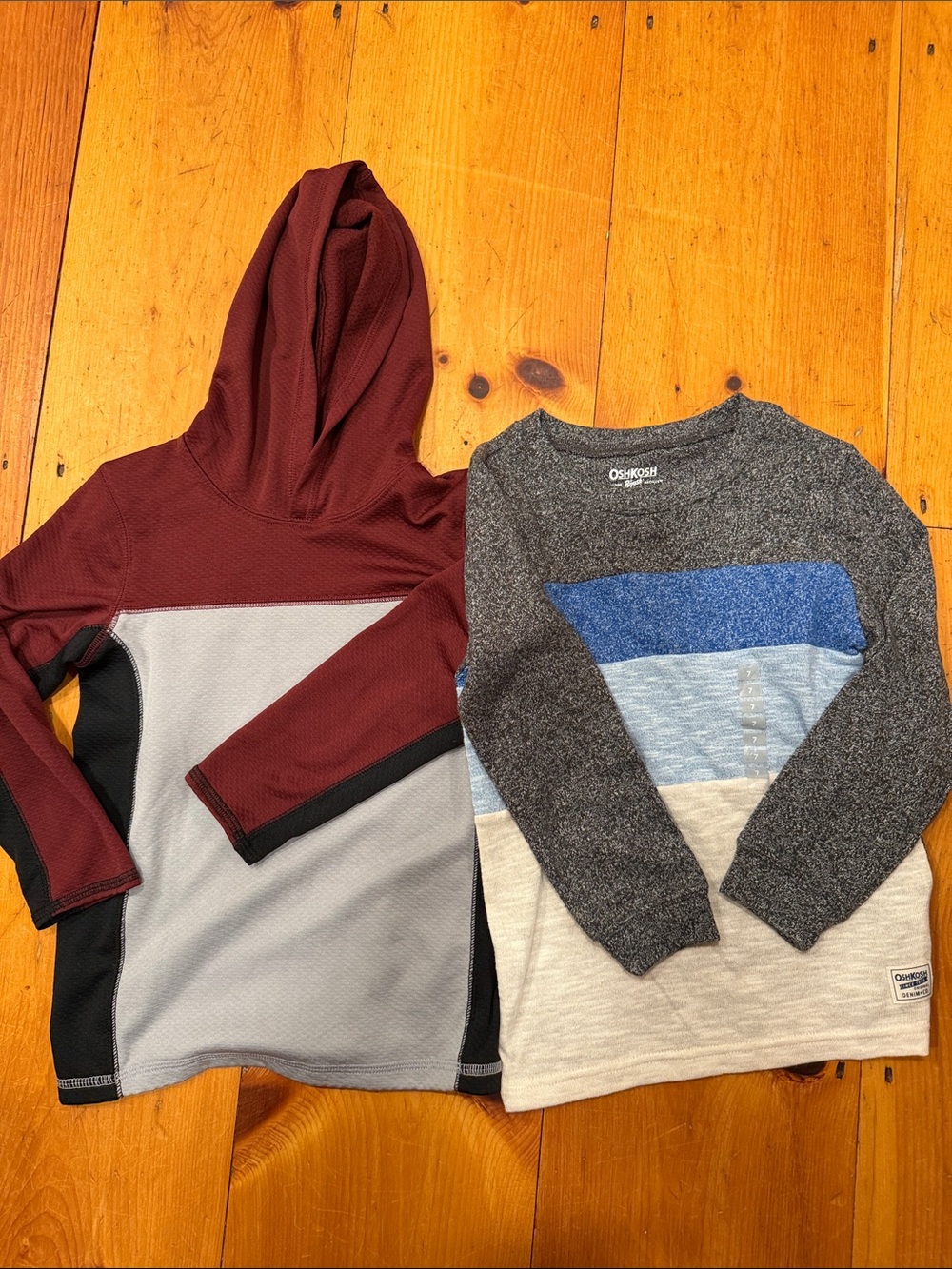 2 PC OshKosh B'gosh Boys' Colorblock Hooded & Crewneck Top Maroon Gray Blue 7